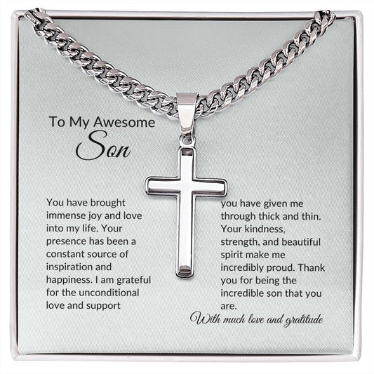 To My Awesome Son | With Mush Love and Gratitude | Personalized Steel Cross Necklace on Cuban Chain