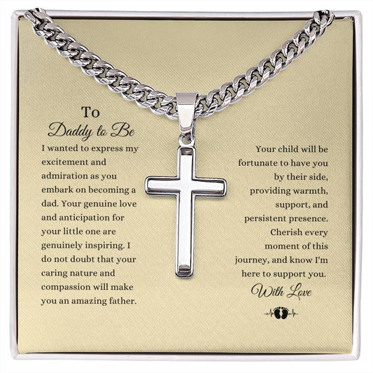 To Daddy to Be | With Love | Personalized Steel Cross Necklace on Cuban Chain