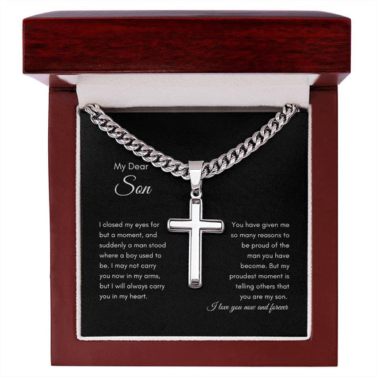 My Dear Son | I Love You | Artisan Cross Necklace on Cuban Chain